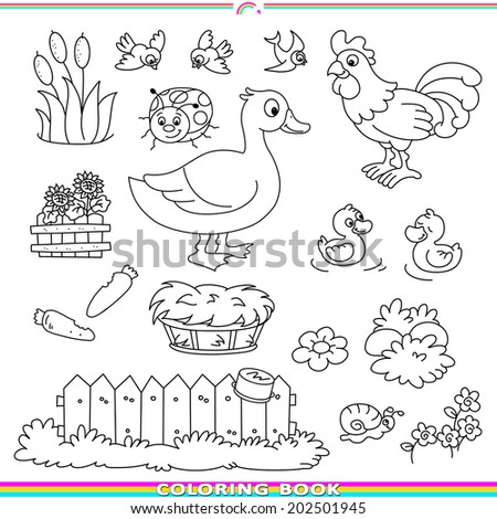 coloring book with animals and village