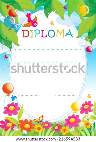 Diploma for children with flowers and balloons