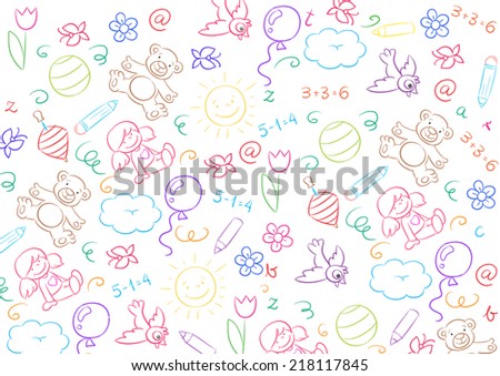 Child\'s drawing with doll, bear and balloons