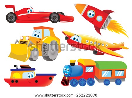 Plane, bulldozer, train, rocket, ship, racer for kids