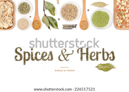 spices and herbs on white background