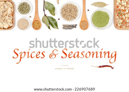 spices and seasoning on white background