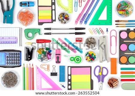 school tools on white background top view