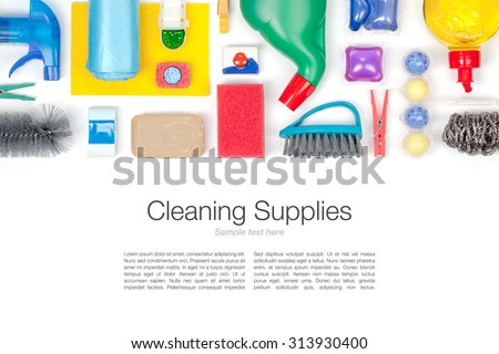 cleaning supplies on white background top view
