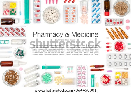 various medicine on white background
