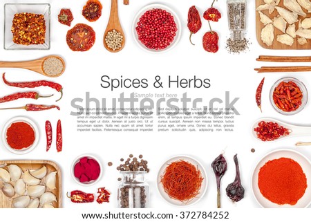 various spices and herbs on white background with copy space. flat lay frame composition top view