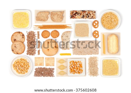 various gluten free grains and food on white background with copy space top view. gluten free flat lay concept