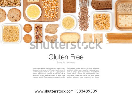various gluten free grains and food on white background with copy space top view