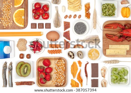 various allergy food on white background top view