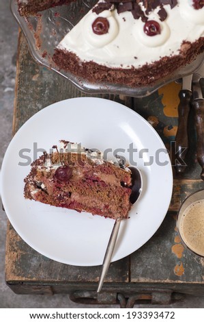 A slice of black forest cake, selective focus