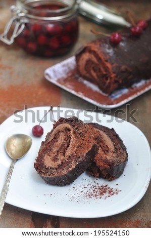 Chocolate Swiss roll, selective focus