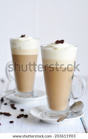 Coffee panna cotta in glass or coffee with whipped cream, selective focus