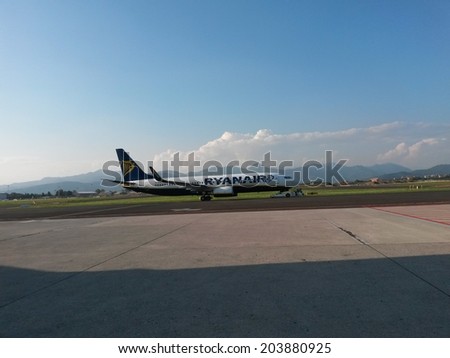 ORIO AL SERIO (BERGAMO), 7 JULY 2014 - Ryanair aircraft preparing for take off - Dublin based Ryanair is the leading cheap flight company carrying millions of travellers all over Europe every year
