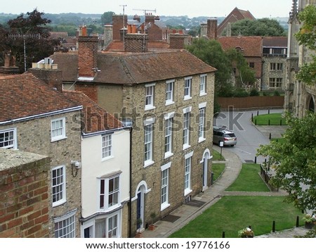 row of traditional British houses in front of Canterbury cathedral, Kent, UK