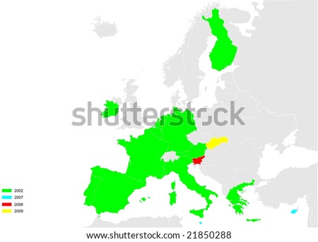 euro zone map illustration with timeline (2002-2009) - countries in which the Euro (EUR) is the legal tender