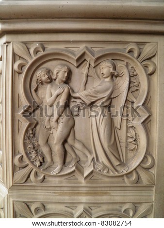 Paradise lost - Adam and Eve being cast out of Eden (bas-relief at the Sainte Chapelle in Paris)