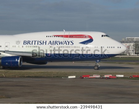LONDON HEATHROW, UK - CIRCA DECEMBER 2014: Boeing 747 Jumbo aircraft of the British Airways ready for take off at London Heathrow airport. British airways is one of the leading flying companies.