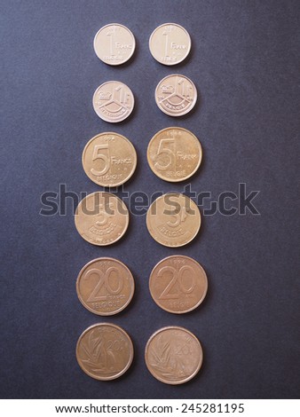 Belgian franc (BEF) coins from Belgium written in French and Dutch. BEF was replaced by EUR in 2002