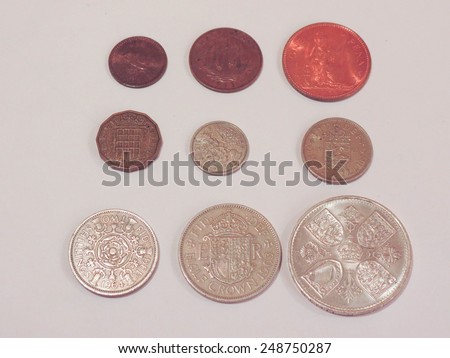 Pre-decimal GBP British Pounds coins (currency of United Kingdom), in use before the Decimal -Day (15 February 1971) - farthing, half-penny, penny, three-pence, six-pence, shilling, two shillings