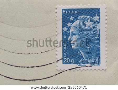 PARIS, FRANCE - CIRCA DECEMBER 2012: Letter envelope with French stamp from France