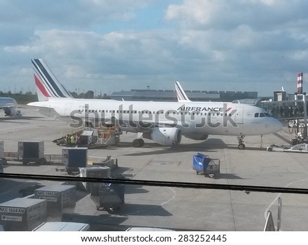 PARIS, FRANCE - CIRCA MAY 2015: Air France Airbus A320 aircraft parked at the Charles De Gaul airport