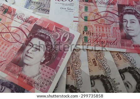 LONDON, UK - CIRCA JULY 2015: British Sterling Pound notes, currency of the United Kingdom