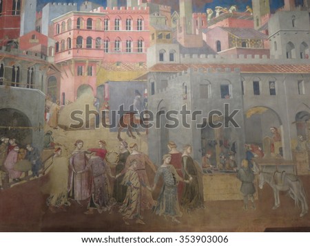 SIENA, ITALY - CIRCA DECEMBER 2014: Ambrogio Lorenzetti 1285-1348, Allegory of the Good Government: Effects of Good Government on the City Life, 1338-1340,