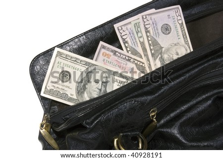 money in big black bag insulated on white background