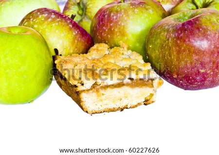 Apple pie and red and green apples isolated on white background