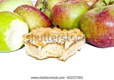Bitten apple pie and bitten apple on white background
