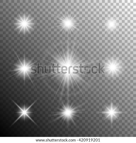 Glowing light effects. Sparkling and shining stars, bright flashes of lights with a radiating. Transparent light effects in vector