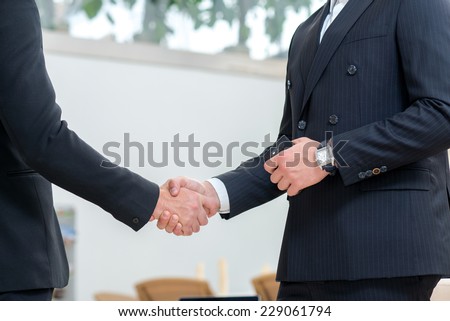 Well done. Two stylish and motivated businessmen are shaking hands celebrating good deal