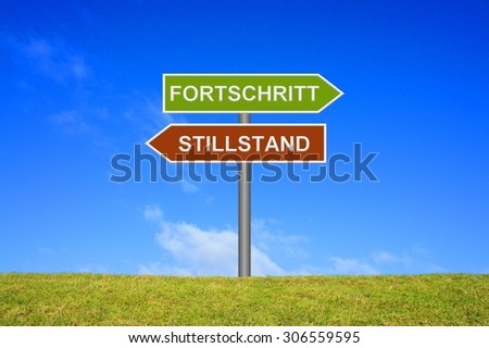 Street Sign showing progress or standstill in german language in front of blue sky on green grass