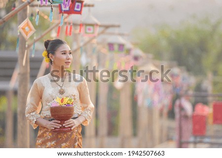 Thai Woman In Traditional Costume.Asian beautiful woman wearing traditional thai culture,vintage style,Thailand