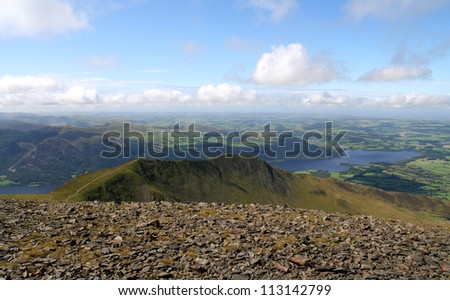 Longside Edge and Ullock Pick seen from the summit of Skiddaw with Bassenthwaite Lake behind in the English Lake District National Park. A fine example of an arete in a glaciated upland region.