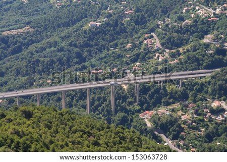 Part of the Motorway of Flowers connecting the Italian and French Riviera, built as a viaduct high above a valley in the Alps Maritime near the resort of Menton, France.