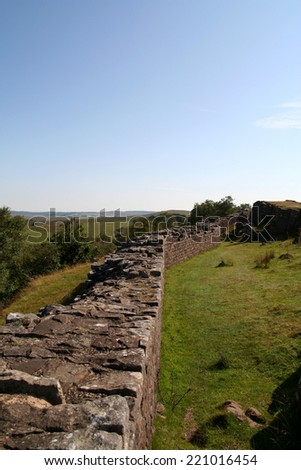 The Roman remains of Hadrian\'s Wall along the hills of Northumberland and the Pennines at Walltown Craggs..