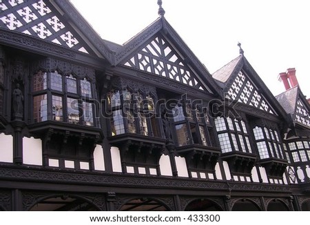 Tudor Architecture on Upper Floor Of Reconstructed Tudor Style Buildings  Chester  U K