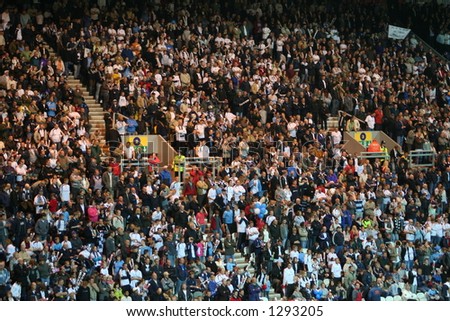 Soccer crowd at a floodlit evening game.