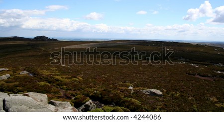 Bleak and Barren Yorkshire Moorland. Domes of an early warning station in the remote distance.