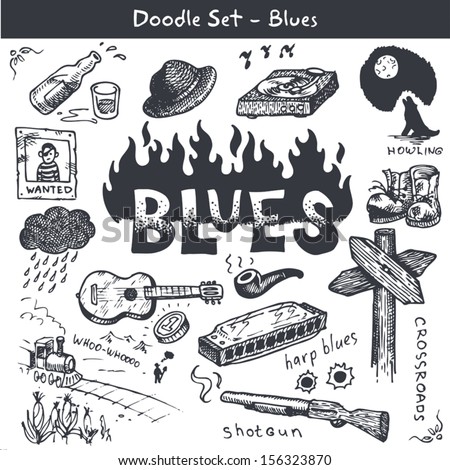 Blues music icon set. Doodle style.