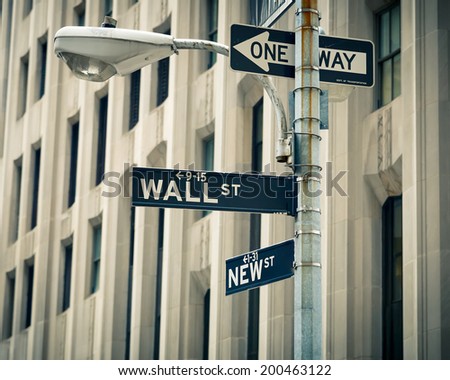 Street signs of Wall street and New street in New York City