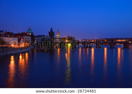 The Charles bridge and Old town of Prague at night, Czech Republic