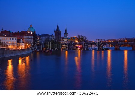 The Charles bridge and Old town of Prague at night, Czech Republic