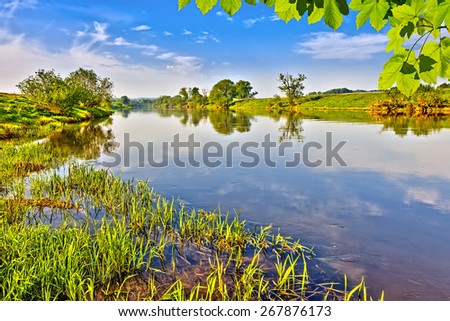 Summer landscape with green grass and river