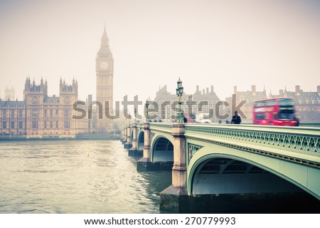 Big Ben and westminster bridge at foogy morning in London