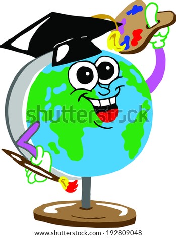 global artist a cute cartoon globe graduating from art school holding a paint brush and palette