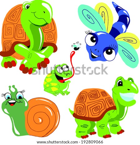 animal set of six set of 6 cute friendly animals including turtles, a frog, snail, dragonfly, and more