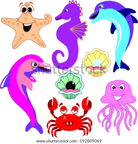 sea animal set   a  set of 8  sea animals including dolphins, seahorse, crab, jellyfish, black pearl, and many more