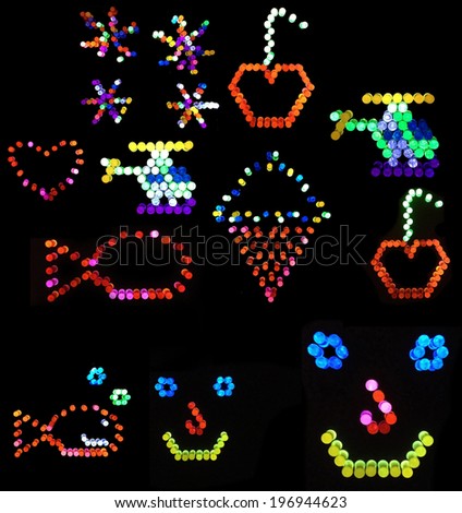 Compilation of backlit colored peg designs: cherry, fireworks, heart, helicopter, ice cream cone, face, fish